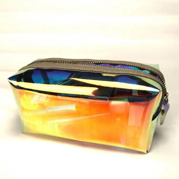 custom waterproof transparent hologram iridescent rainbow TPU laser zip zipper makeup pouch small travel cosmetic bag for women