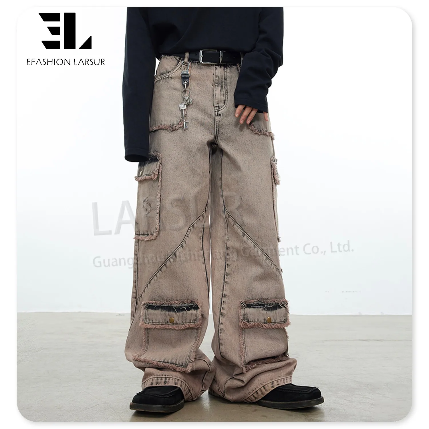 LARSUR Custom denim factory cotton distressed dye wash denim cargo pants men wtih pocket baggy cargo jeans men