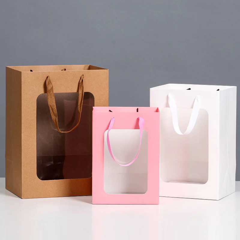 Hot Sell Portable Rope Handle Transparent Clear Pvc Window Shopping Gift Bouquet Flower Paper Bags