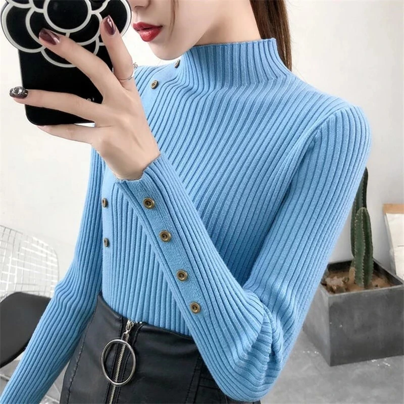 K105 Women Knitted Slim Sweaters Solid Knitted Female Cotton Soft Elastic Color Pullovers Button Full Sleeve Turtleneck