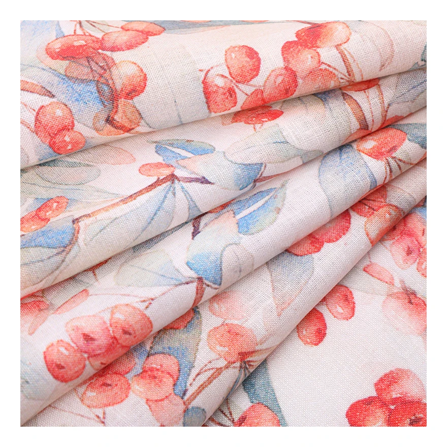 The factory outlet hand drawn watercolor texture pink fruit design custom digital 100% printed linen fabric for clothing