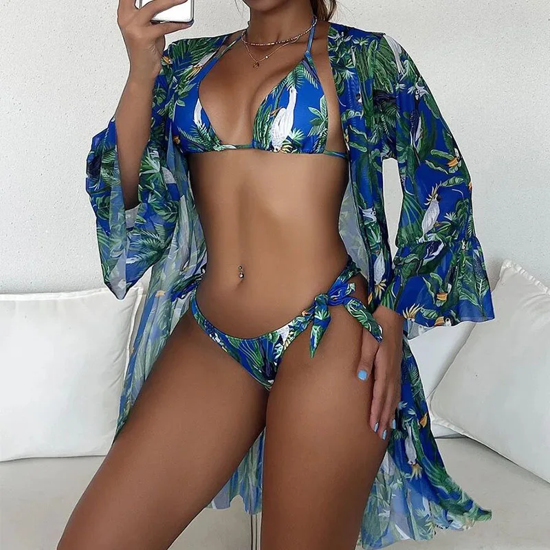 Wholesale Bikinis & Beachwear Women Bathing Suits Print 3 Piece Micro Bikini Set Swimsuit Cover Up