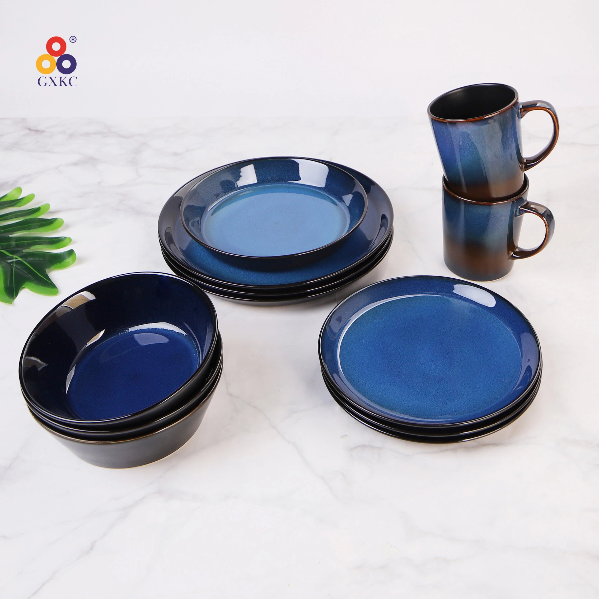 Sanhuan kitchenware stoneware tableware royal blue reactive glazed ceramic dinner salad bowl sweet plates dinnerware sets