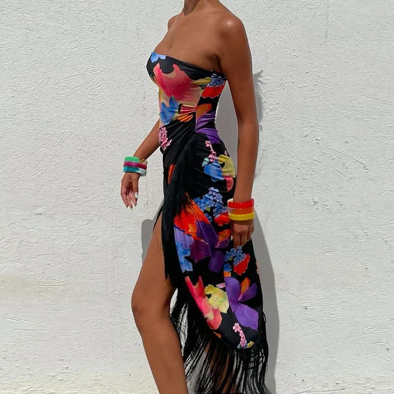 2023 Summer Hot Sale Sexy Party Tassel Dress Off Shoulder Floral Print Bodycon Fringed Slit Wrap Dress Fashion Beach Maxi Dress