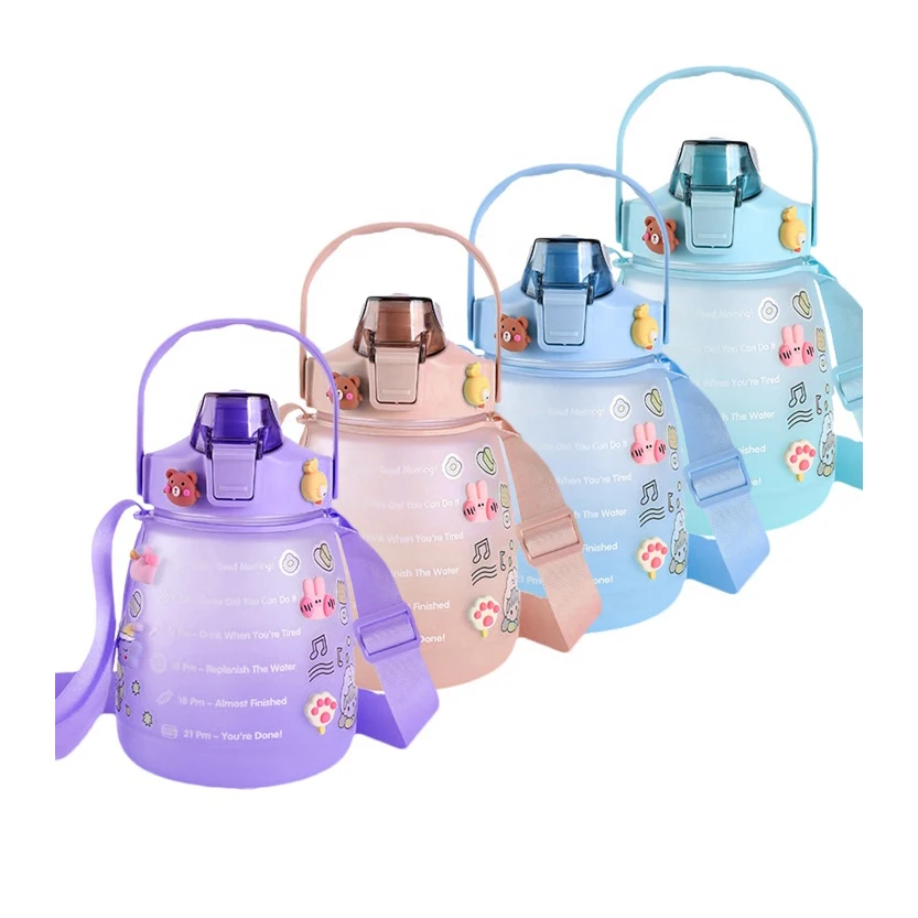 Wholesale Sport Motivational Water Bottle, Plastic Gradient 2L Water Bottle With Time Marker With Straw