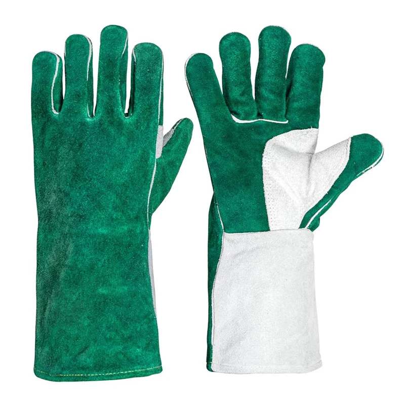 oem odm heat resistant cowhide 16' green anti impact winter dual palm leather welding hand gloves in protective glove