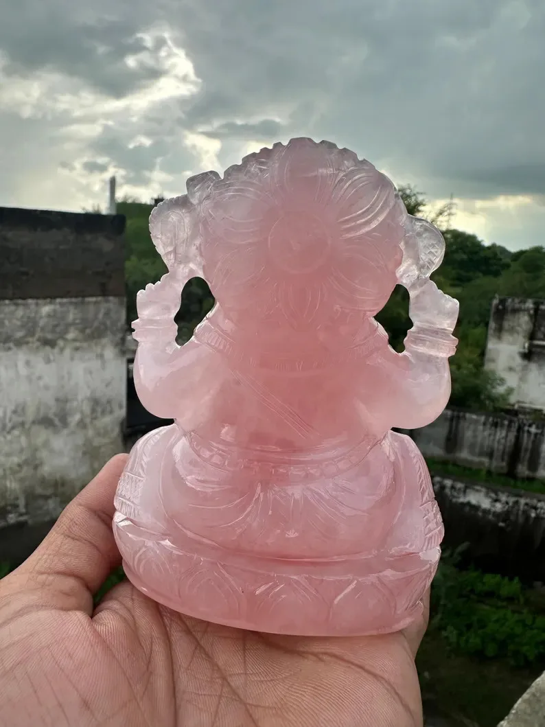 Exquisite Hand Carved GANESH Statue Natural Rose Quartz Gemstone Material Semi-Precious Stone Crafts Exquisite Craftsmanship