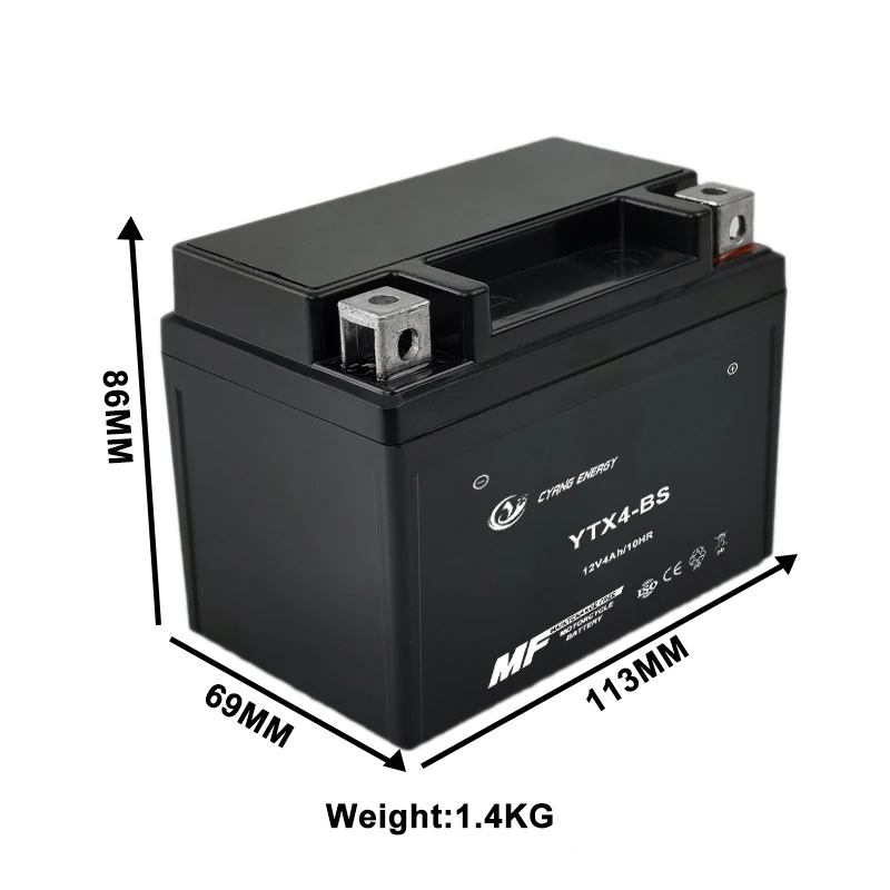 Factory wholesale long cycle life YTX4BS 12V4ah/10hr OEM CCA60 MF lead acid motorcycle battery