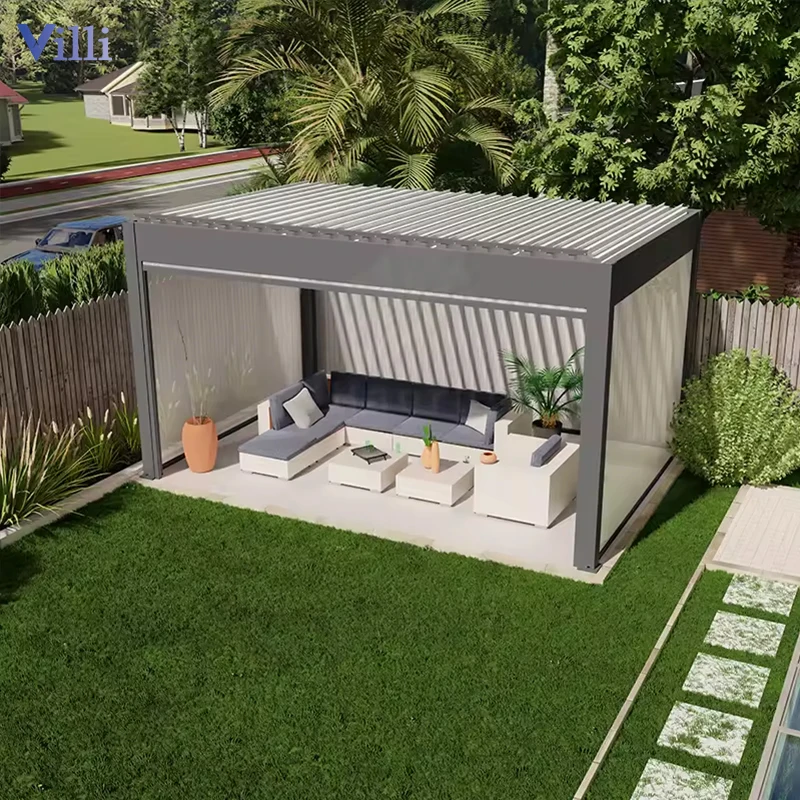 Custom Windproof Pergola Electric Louvre Roof Pergola Aluminum Waterproof Backyard Pergola With Screen Blinds
