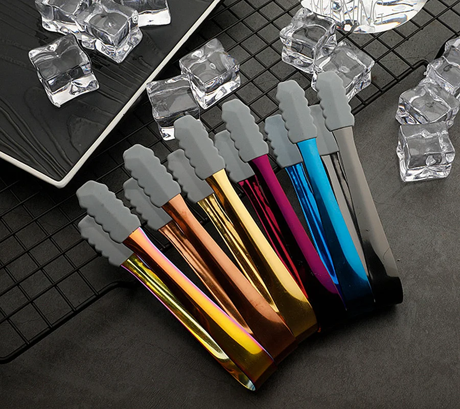 Kitchen Bar Accessories Mini Silicone Stainless Steel Food Serving Whiskey Cube Sugar Ice Tong