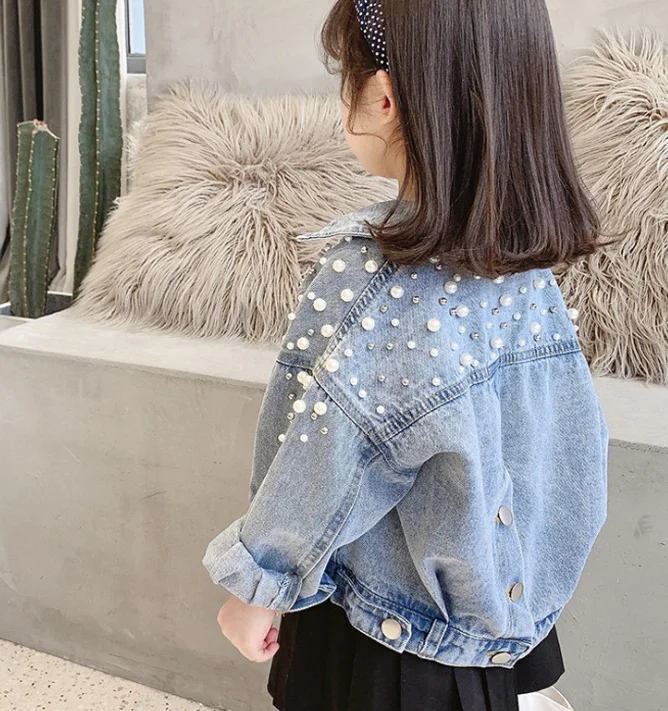 cy10849a 2021 New Spring Autumn Clothes Baby Girls Denim Outerwear Korean Version Trend Beaded Jean Jacket For Kids