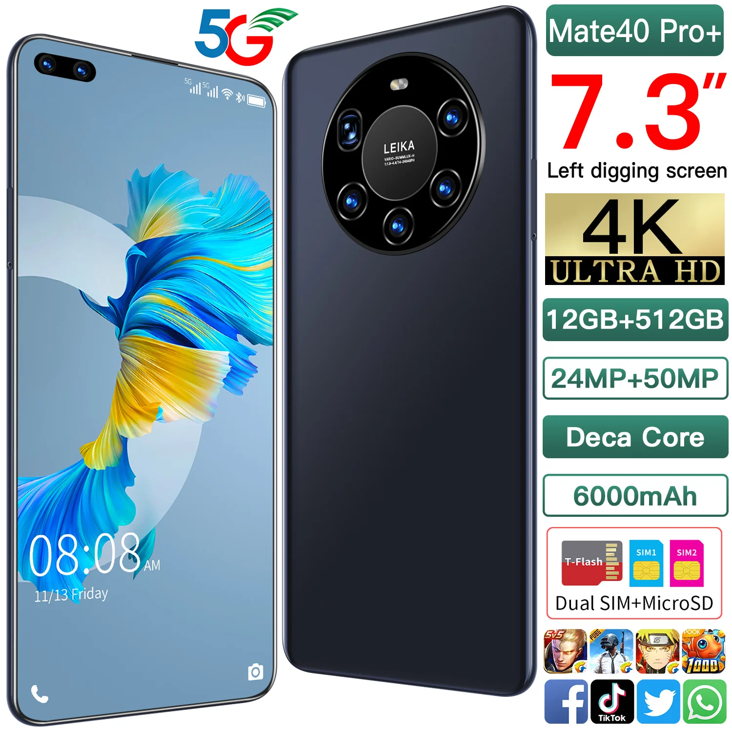 
Mate 40 Pro+ Hot Selling 12GB+512GB 7.3Inch full Display Android 10.0 Mobile Phone Cell Phone Smartphone 