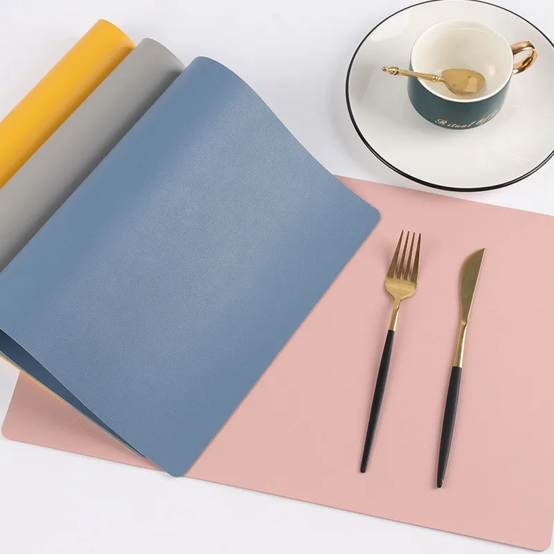 Nordic popular plain leather placemats for kids double-sided durable rectangle thermal insulation placemat home decor table mats