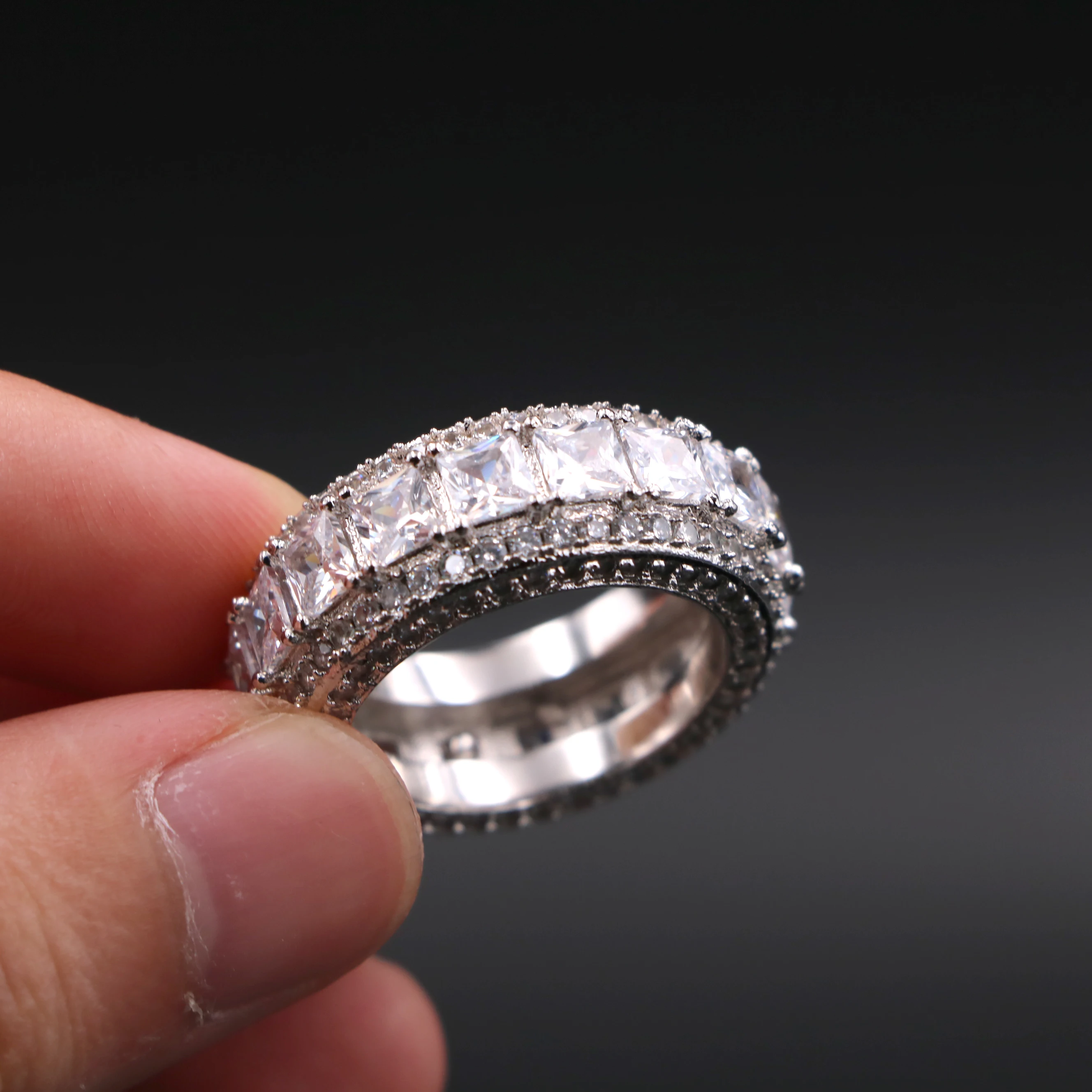 Mister Jewelry Prong CZ Pave White Gold Layer Baguette Men Diamond Band Ring