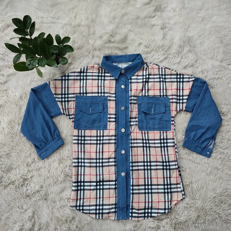 Designer spring new long-sleeved single-breasted Plaid stitching denim shirt