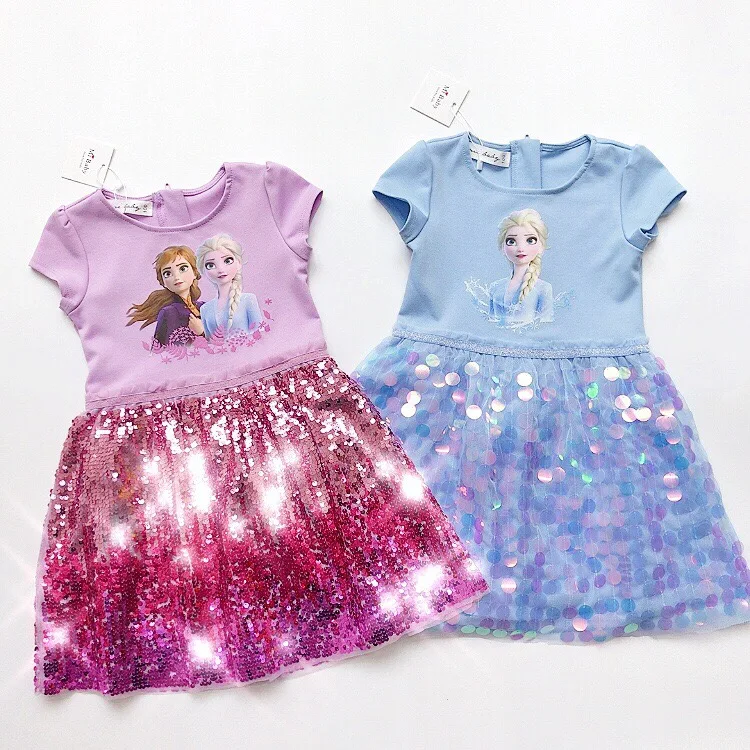 
Fashion Snow Queen Sequin Girls Dresses Elsa Anna Print Princess Dress Party Short Sleeve Dresses Birthday Gifts Kids Clothes 