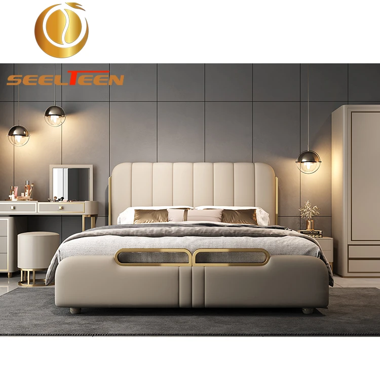 Luxury Bed Room Furniture Genuine Leather Double King Size Bed new home or hotel modern bed