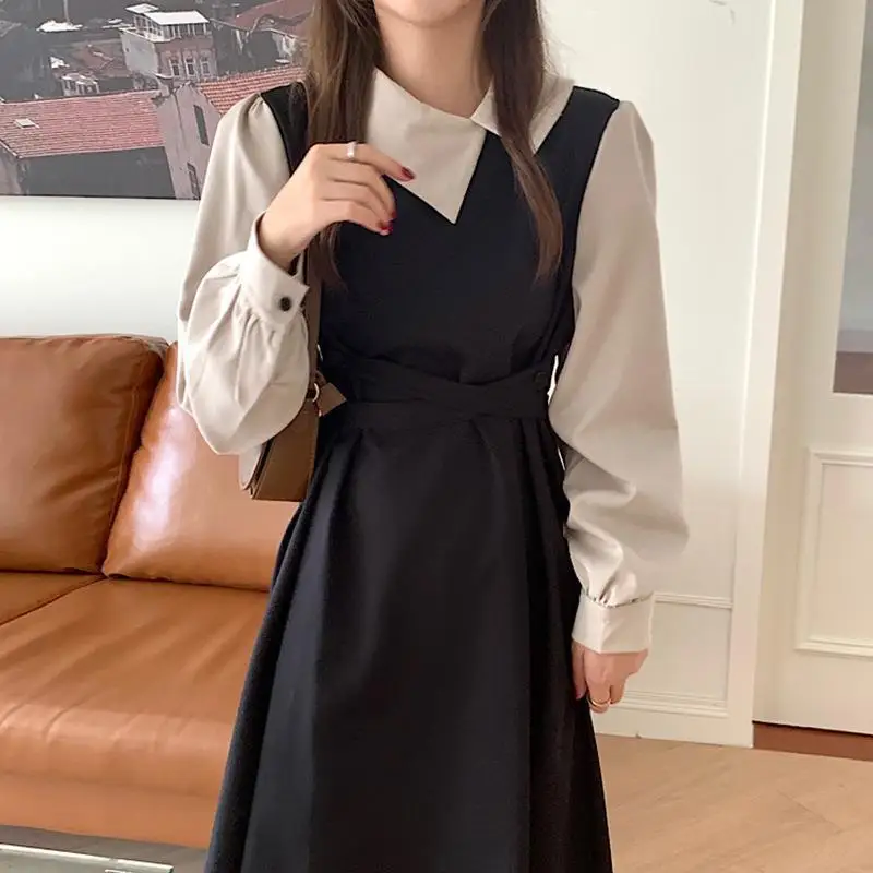 Fashion Designer Black Vintage Dress Women Lapel Long Sleeve Sashes Gathered Waist Spliced Slim Long Dress