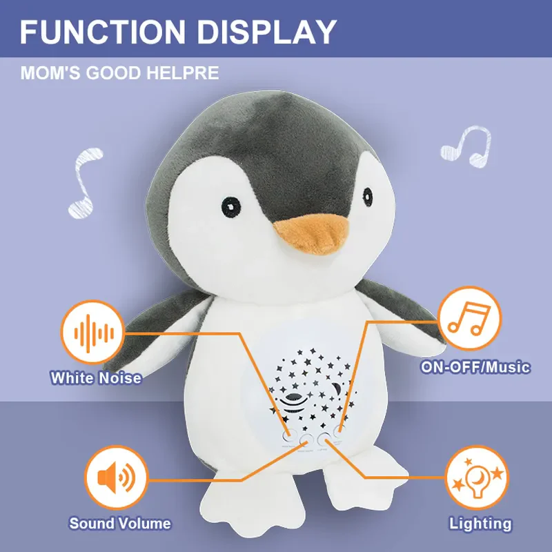 Night light penguin musical soft soothing toy baby sleep soothers projector stuffed plush toy doll
