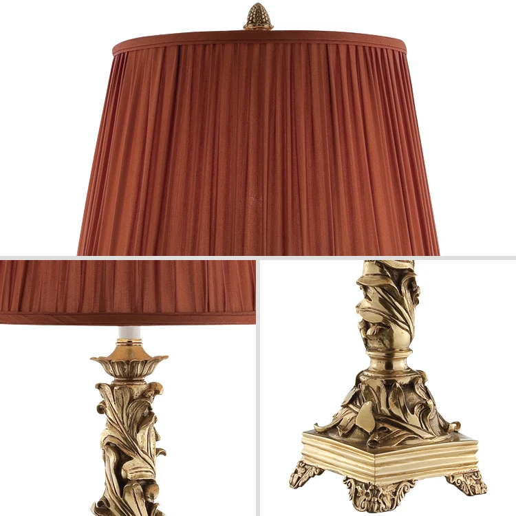 Decorative Bedside French Style Red Lamp Shade Antique Brass Table Lamps & Reading Lamps