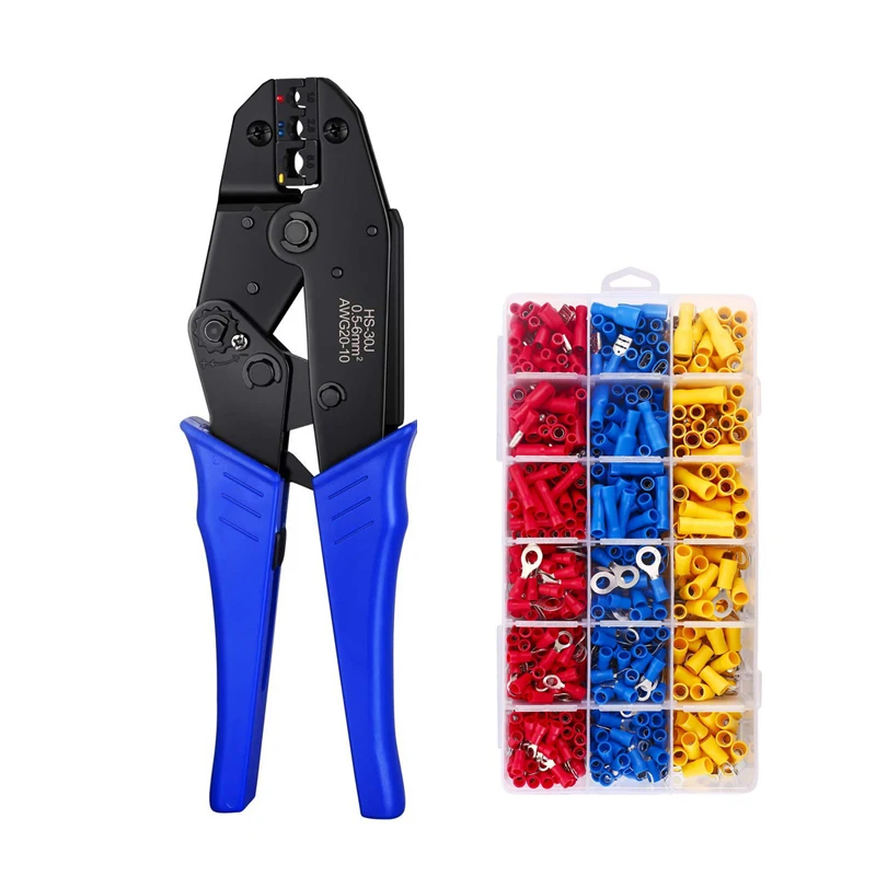 HS-30J Terminals Crimping Pliers Kit 22-10 AWG 0.5-6.0mm2  700PCS Insulated Wire Terminals & Connectors Kit