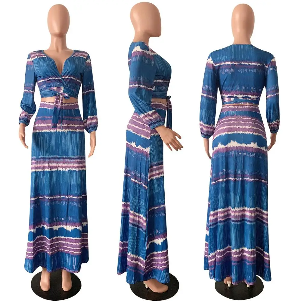 
Wholesale Fashion African Fat Women Plus Size Clothes Tie Dye Two Pieces Skirt Set Big Size 4XL Long Sleeves Dresses 