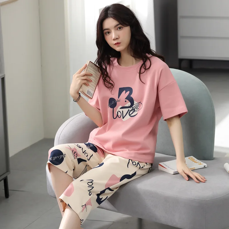 Wholesale sales 2024 summer cotton pajamas women short sleeve capri pants sweet casual summer comfortable home wear two sets