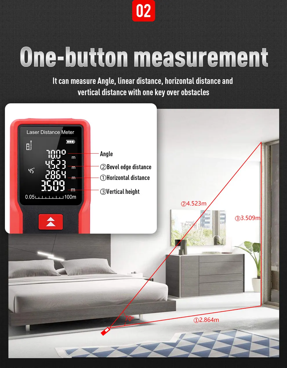 Laser Distance Meter Rechargeable Laser Rangefinder Measurement Tool With Lcd Backlight