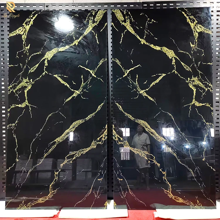 Black gold big porcelain marble glossy slab tile floor wall sintered stone glazed slab marble tile for living room decoration
