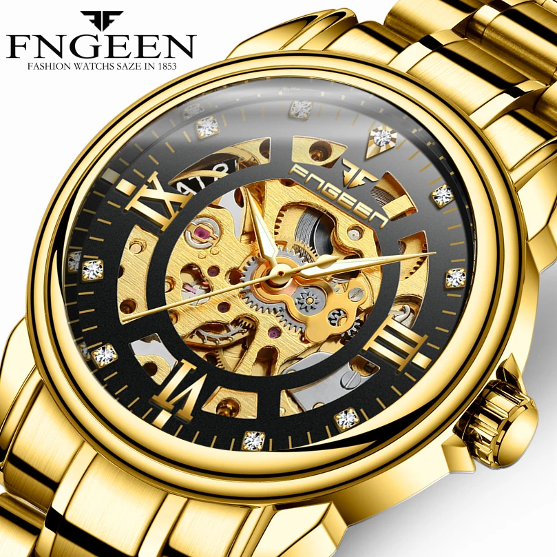 FNGEEN 0014 king golden mens mechanical watch creative steel band water resistant auto winder Leisure wristwatch