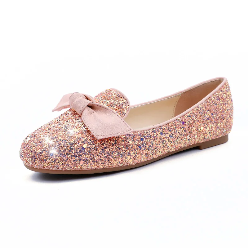 Factory wholesale girl crystal princess bowtie single shoe flat sequined girl party casual shoes