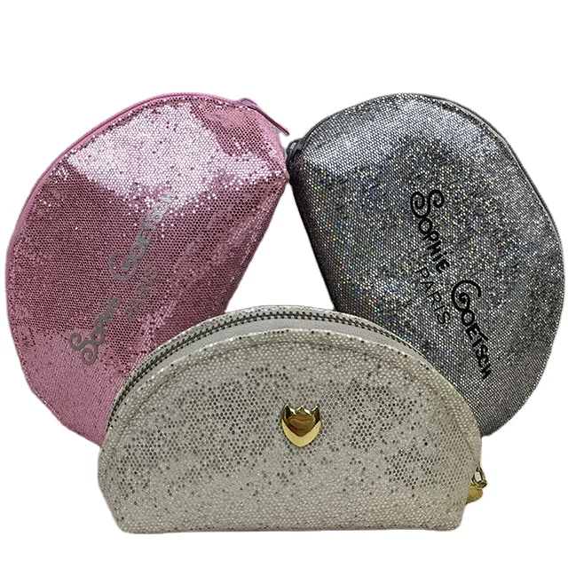 Trendy Luminous Pink Mesh Travel Leather Shiny Gel Sequin Silver Bling Make Up Pouch Glitter Makeup Cosmetics Bag Set