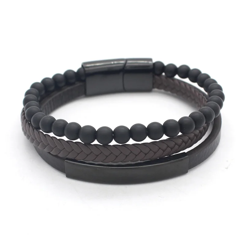 New Mens Leather Bead Bracelet Braided Lava Bead Leather Bangle for Men