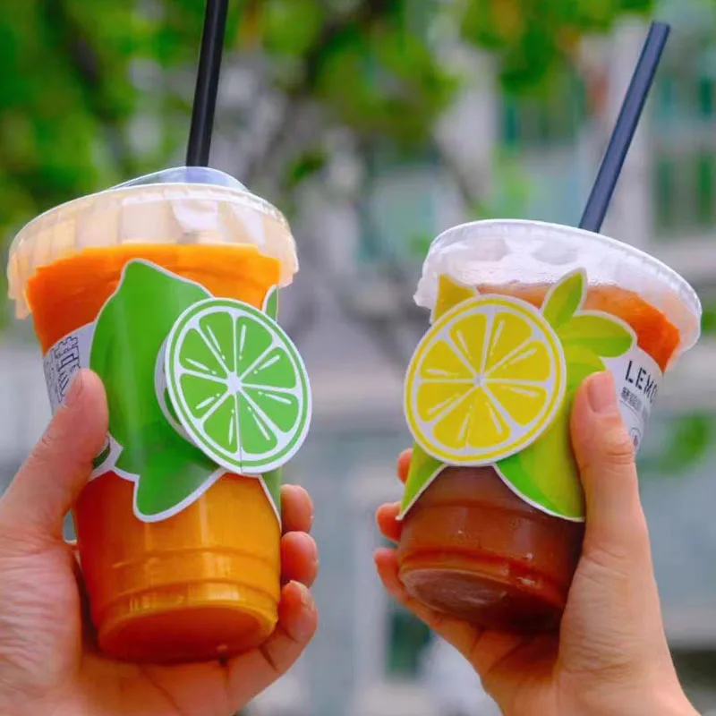 Lemon Pattern Cup Sleeve Insert Card Milk Tea Cup Accept Custom Logo Disposable Waterproof Paper Sleeves