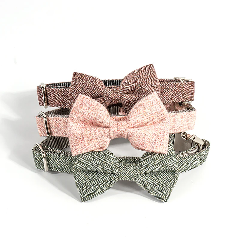 Tweed Wool Fabric for Dog Collar And Leash Set with Gold Metal Adjustable in 3 Different Lengths for Medium to Large Dogs