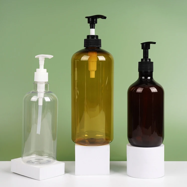 100ml 200ml 500ml Custom Colors Transparent Brown Amber Boston shape Plastic Bottle Shampoo Container  With Lotion Pump