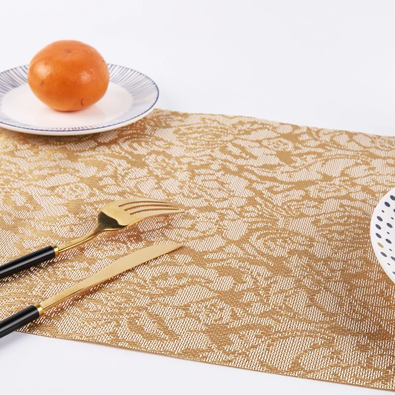 Amazon Hot Sale Wedding Decoration Woven Pvc Place Mats Gold Coffee Plastic Pvc Placemat