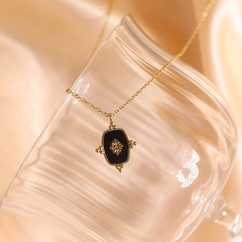 Vintage Dainty Necklace Cute Charm Pendant High Polished Stainless Steel Teardrop Shape Natural Stone Pendant Necklace for Daily