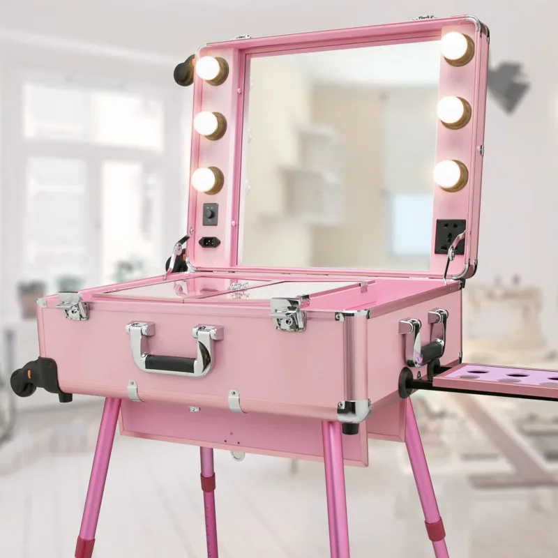 Makeup Travel Rolling Carry Case Cosmetic Beauty Trolley Suitcase Makeup Case Light Screen Mirror Adjustable Legs with led