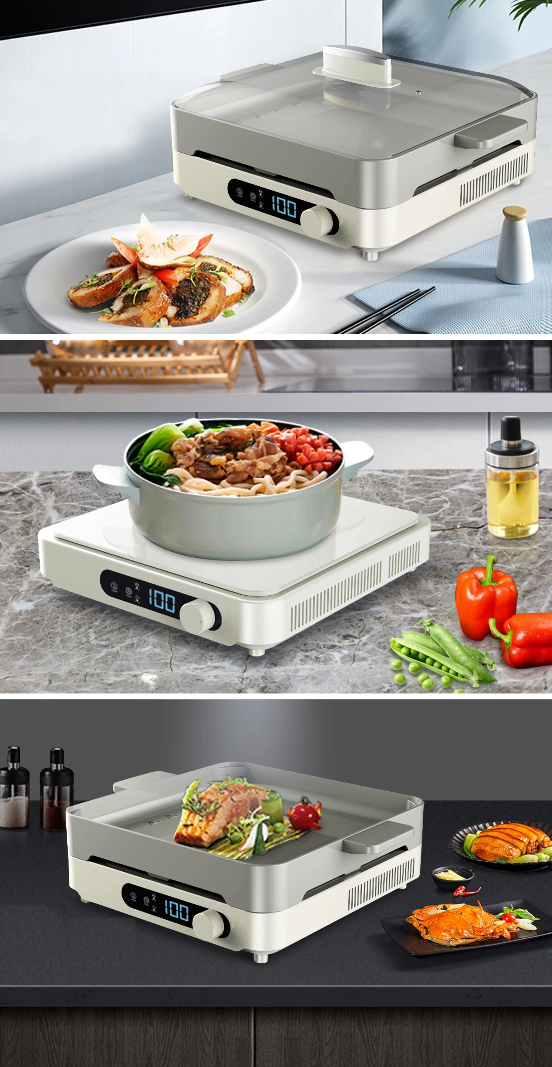 Electric Induction Cooker Cooktop Hob With Cast Aluminium Hotplate Pan and Lid