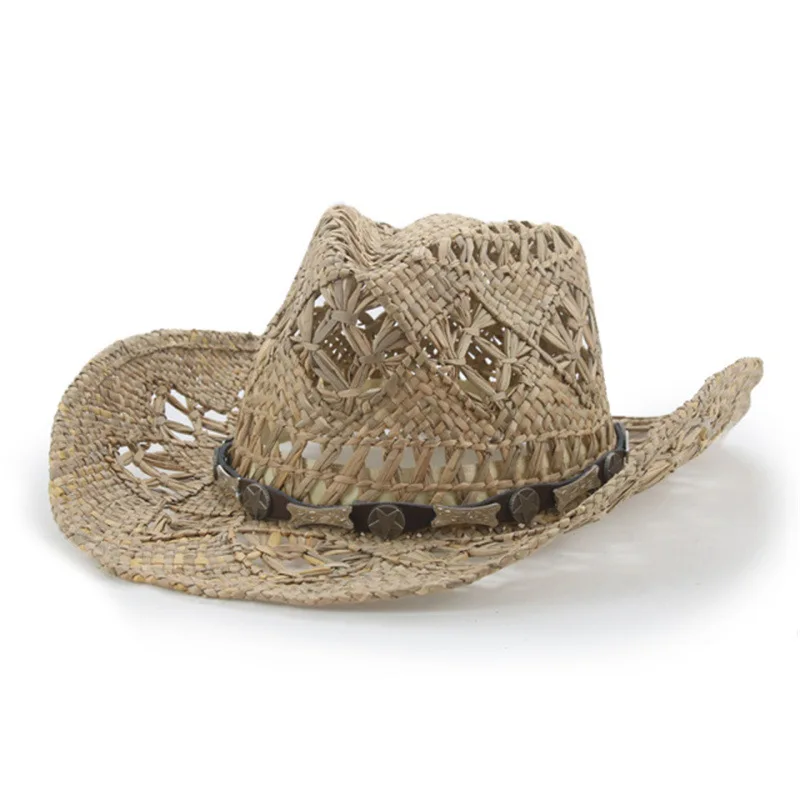 Handmade Straw Cowboy Hat Mexico Sombreros Carbonization Hollowed Summer Beach Sun West Cowboy Hat