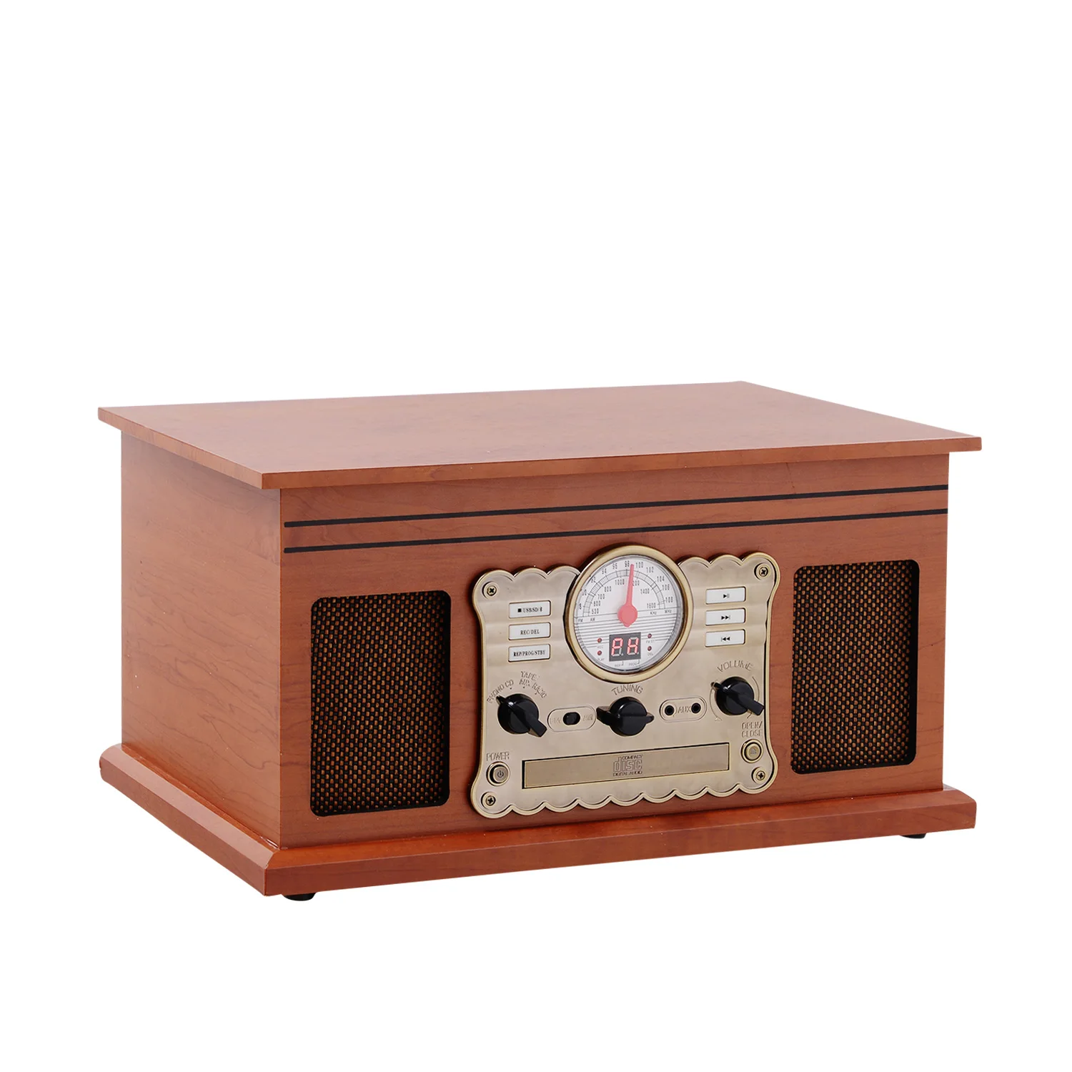 Retro USB wooden gramophone turntable with cassette player
