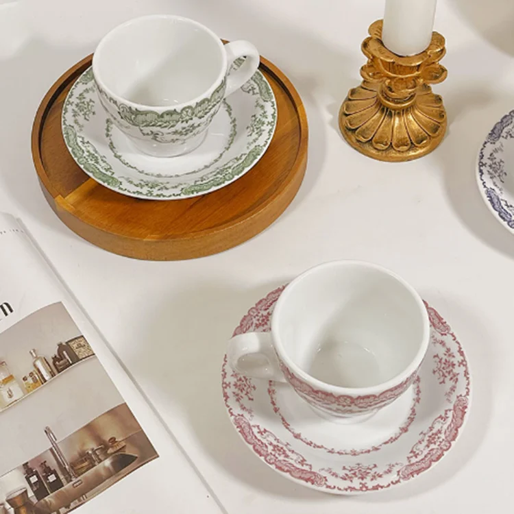 Ready to ship European style retro rose flowers white ceramic coffee cups and saucers afternoon tea cups custom logo