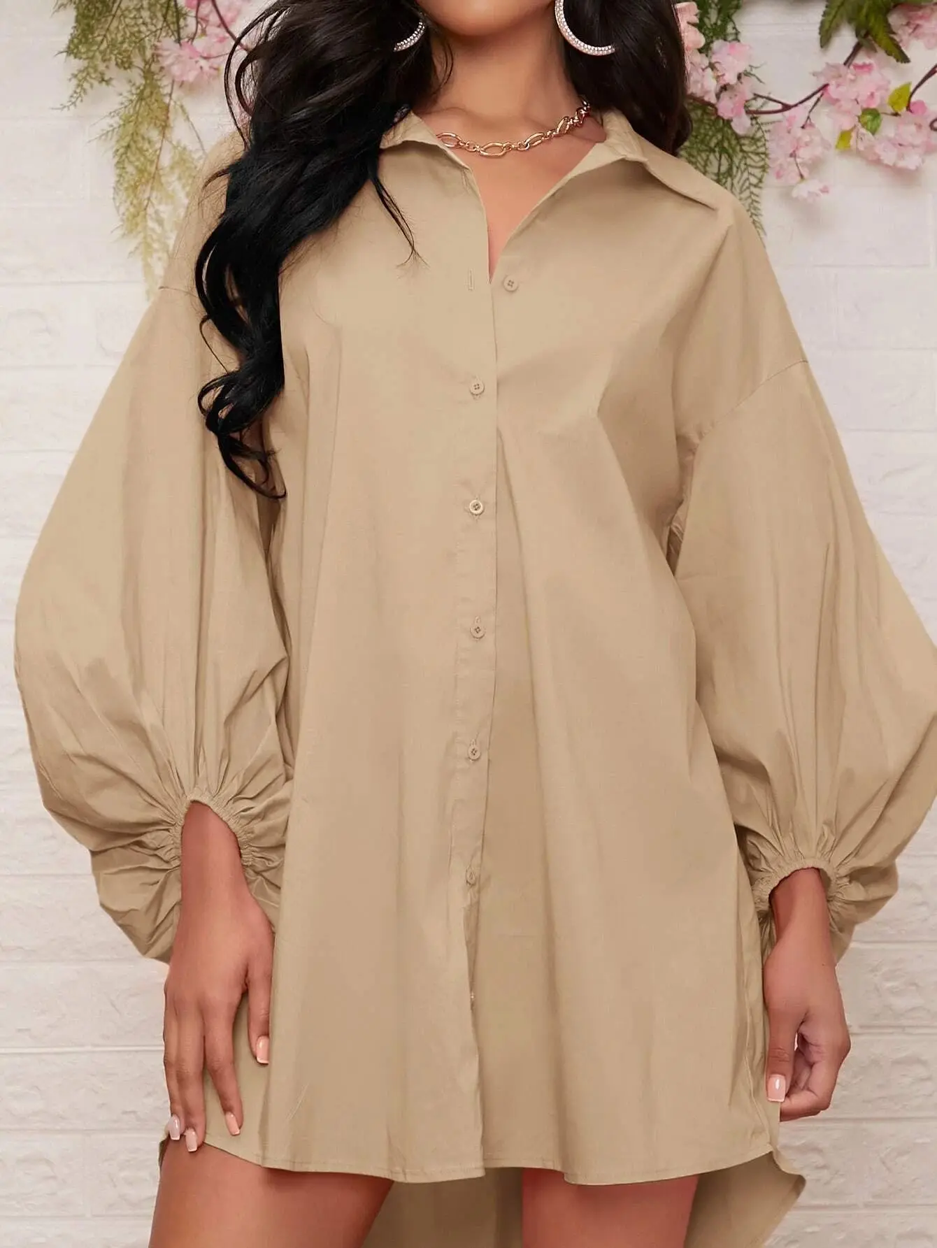 2024 OEM Fashion Oversized BatWing Balloon Sleeve Solid Color Shirt Dress For Women