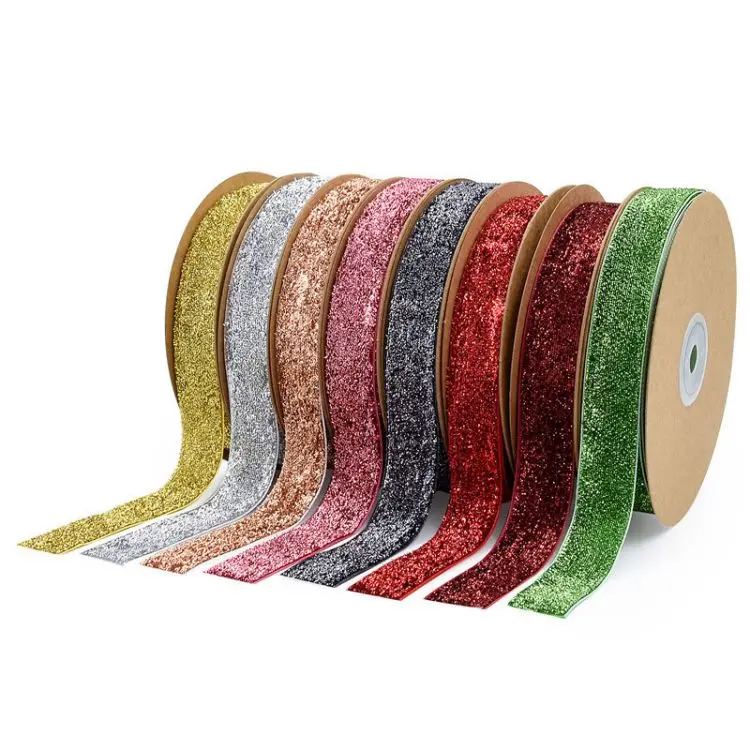 25mm Shiny no- elastic gold and silver flocking  jewelry silk ribbon for stage decoration