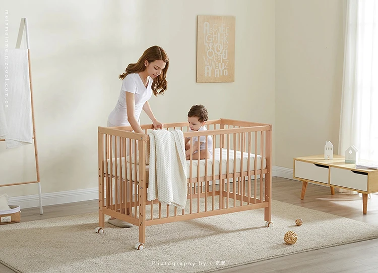 Modern Design Multifunctional Movable Side Bed for Children Babies Solid Beech Wood Crib Splicing Feature Hospital Bedroom Park