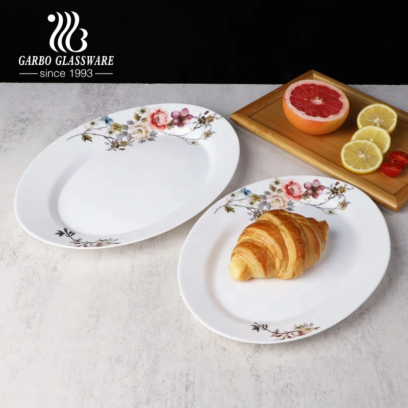 Opal glass 12inch 14inch oval shape glass plate oven microwave safe flower decal opal glassware fish plate for home restaurant