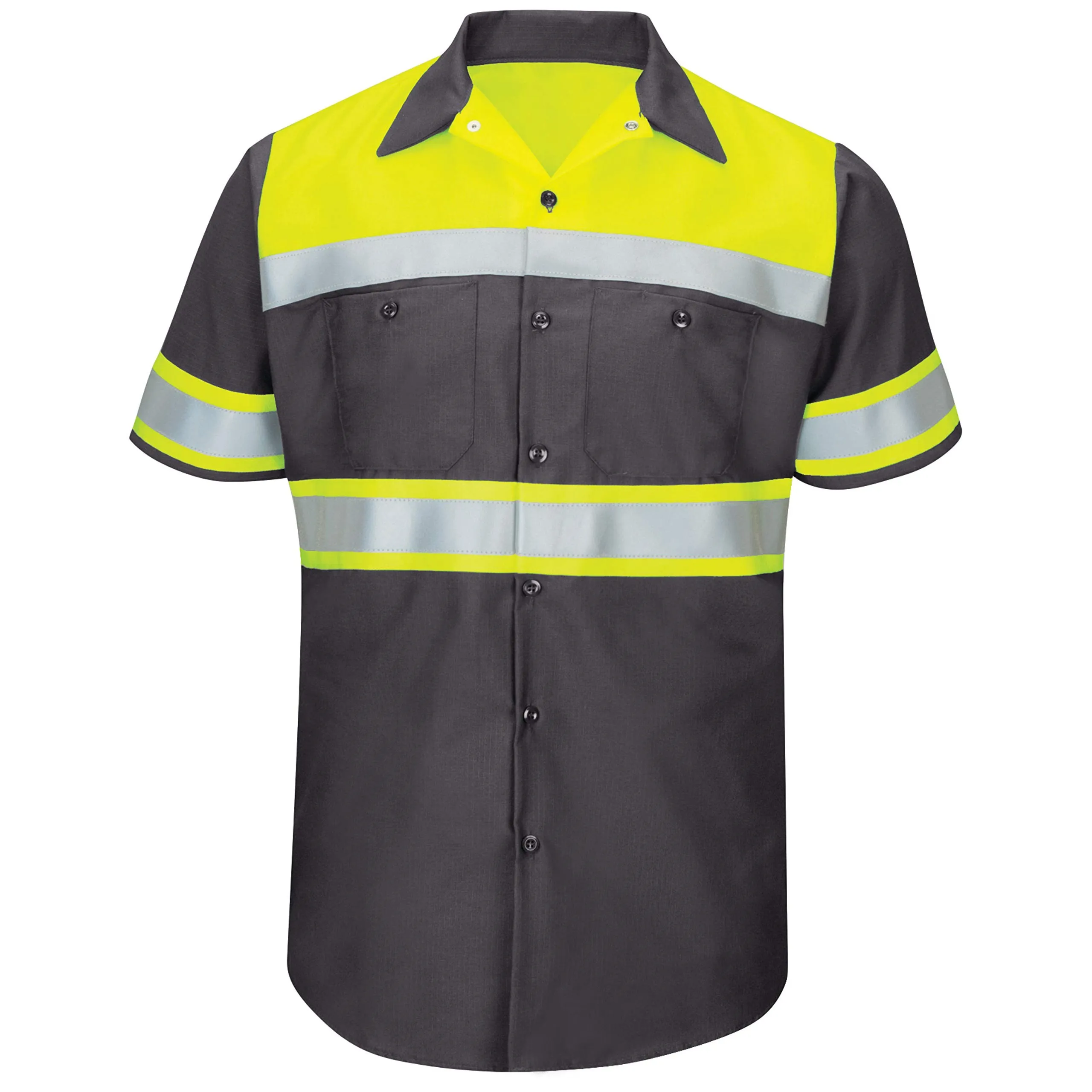 Mens Hi Vis Work Shirt Fluorescent Yellow Navy Cotton Workwear Short Sleeves Work Shirts