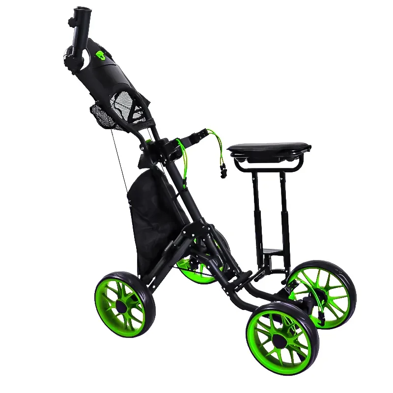 GAMEN Foldable 4 Wheel Push Cart with Detachable Seat Golf Bag Trolley for Golf Clubs