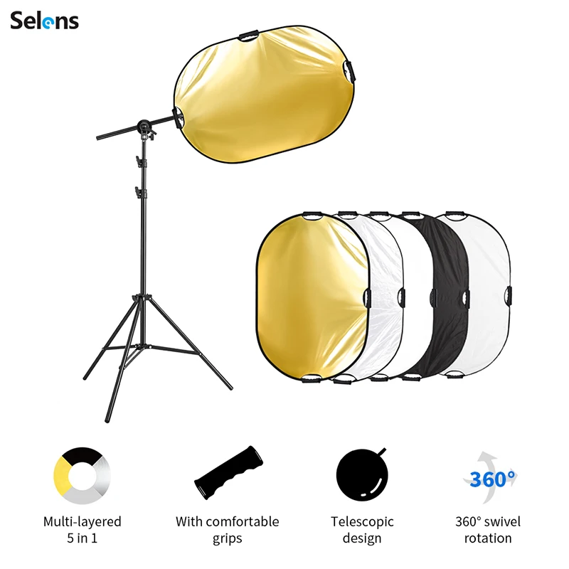 Selens Photo Reflector Stand kit 24x36 inches 5 in 1 reflectors with 78 inches Light Stand Extendable Holder Arm Clips for Photo